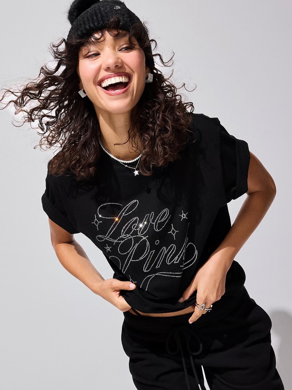 PINK Victoria's Secret Bling Campus Black Rhinestone Short Sleeve Tee XL